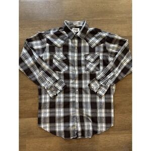 Ely Cattleman Shirt‎ Mens XLT Plaid Pearl Snap Western Cowboy Brown Tall Man
